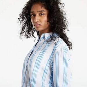 Tommy Hilfiger Women’s Preppy Aqua and White Cotton Striped Shirt Size L